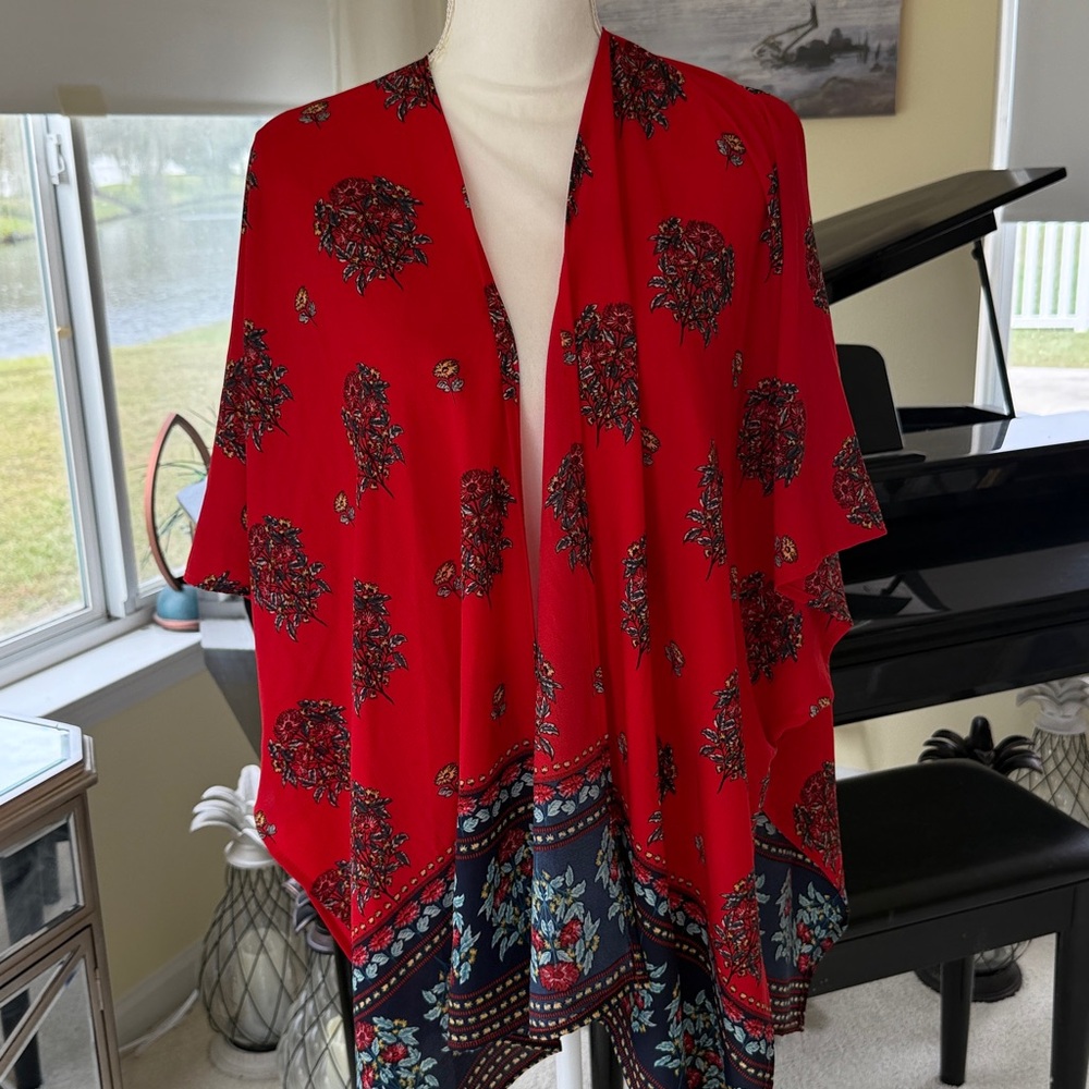 Red floral wrap kimono artsy boho holiday